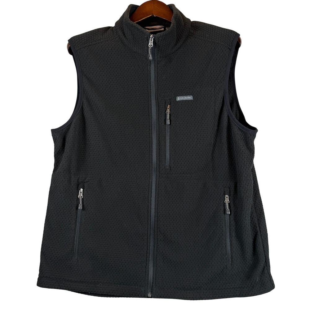 Free Country Mens L Brick Fleece Adventure Vest Black Full Zip Outdoor Pockets